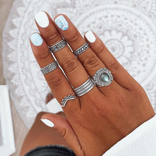 Retro Ethnic Plating Ancient Silver Alloy Pattern Multi-Piece Set Knuckle Ring Finger Ring Ladies Accessories