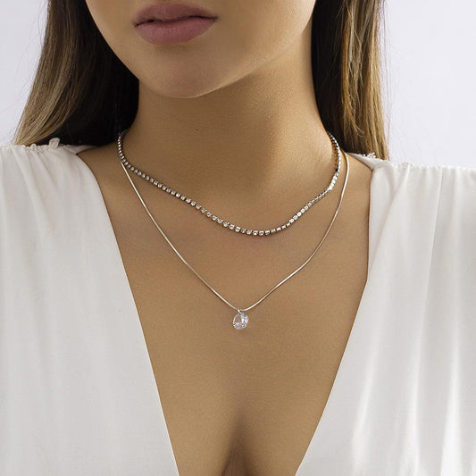 Jewelry simple full diamond zircon pendant double layer necklace female all-match temperament square snake bone chain necklace