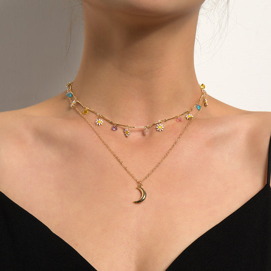 Jewelry Fashion Retro Moon Pendant Female Flower Diamond Simple Necklace Short Clavicle Chain