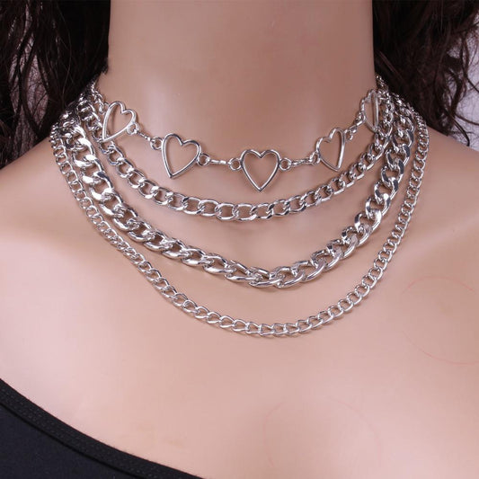 Jewelry Hip Hop Personality Geometric Set Necklace Female Peach Heart Flat Thick Chain Hollow Multilayer Chain Item