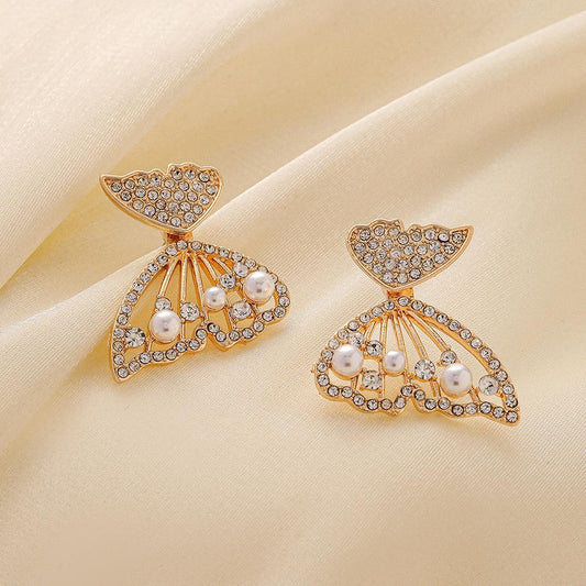Fashion ol magazine ladies fresh and minimalist atmosphere full of diamonds pearl butterfly wing earrings