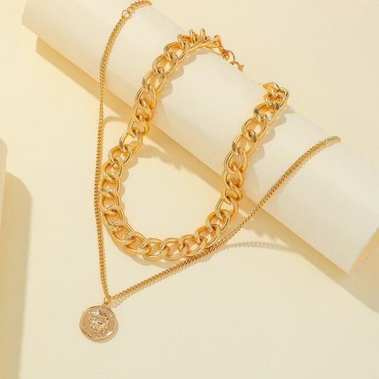 Jewelry punk hip-hop double thick chain choker necklace fashion retro coin pendant necklace