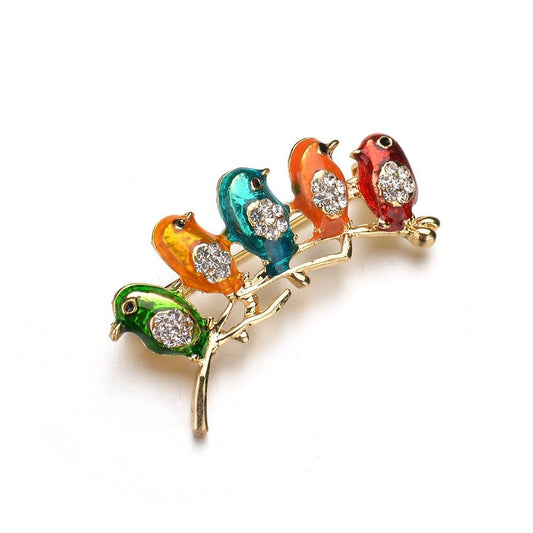 Fashion Jewelry Drip Oil Enamel Sexy 5 Five Birds Branches Colorful Brooch Personalized Silk Scarf Buckle Accessories
