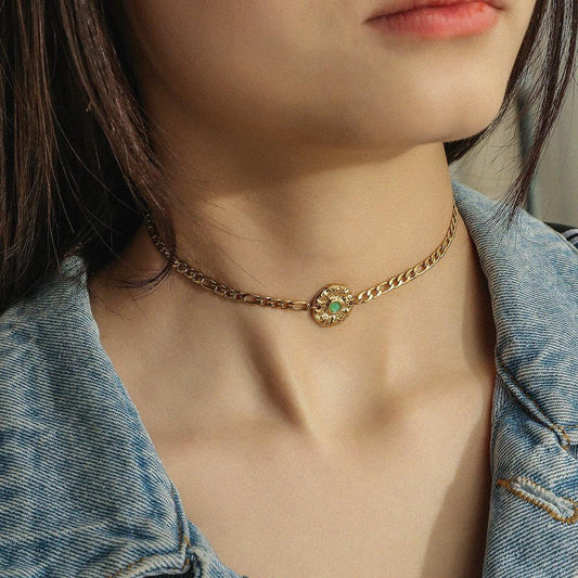 Stainless Steel Short Necklace Coin Embedded Imitation Agate Clavicle Chain Simple Temperament Necklace High Cold Accessories