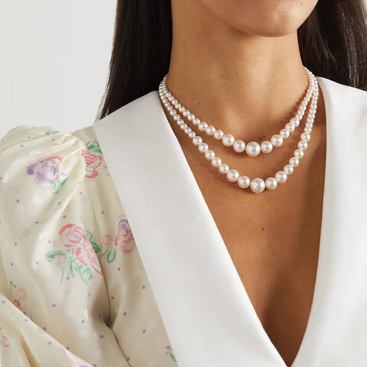 Jewelry retro double-layer beaded imitation pearl necklace femininity geometric niche round bead necklace
