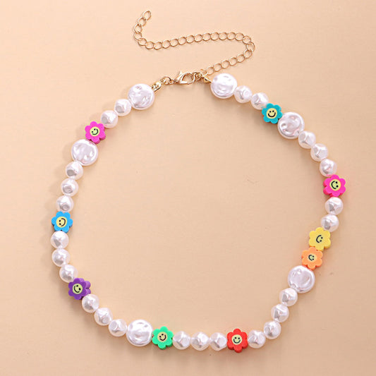 Jewelry Fashion Color Soft Pottery Flower Necklace Female Simple Geometric Short Shaped Pearl Necklace