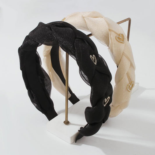 F43 Diamond Heart Headband Twist Sand Material French Elegant Headband Solid Color High Design Hair Accessories