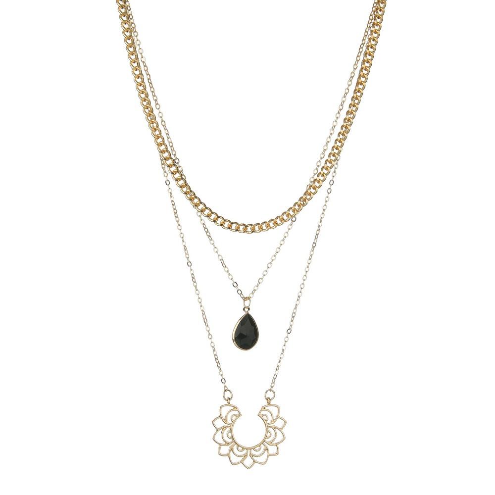 Retro Pattern Alloy Pendant Necklace Fashion Black Bezel Diamond Multilayer Necklace Accessories