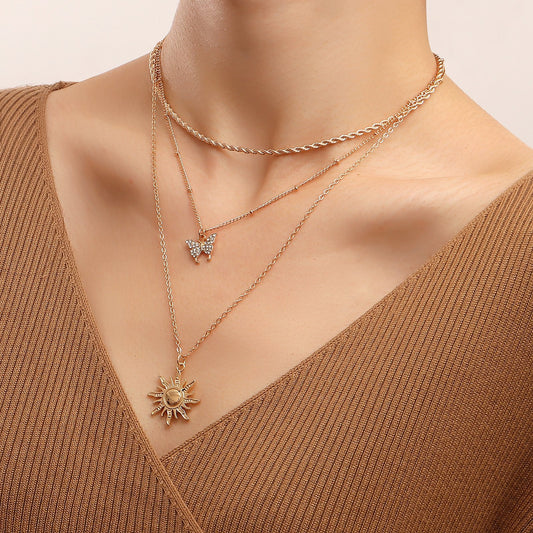 Jewelry trend double-layer micro-inlaid diamond butterfly sun pendant necklace female ins metal pendant
