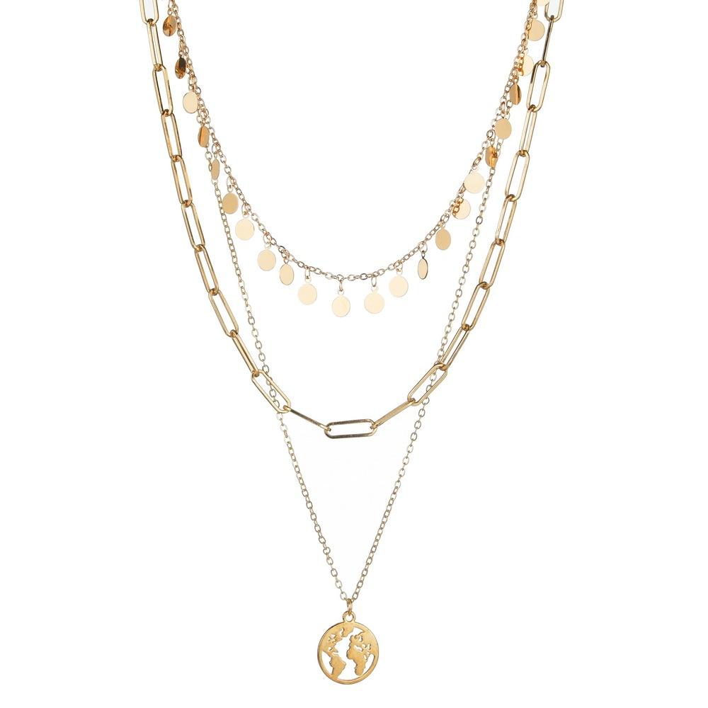 Simple Round Iron Clavicle Chain Necklace Fashion Retro Alloy World Map Pendant Multilayer Necklace