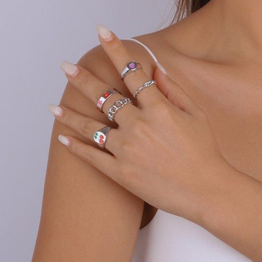 R79 Niche accessories drop oil love flower cherry ring exaggerated chain geometric ring female