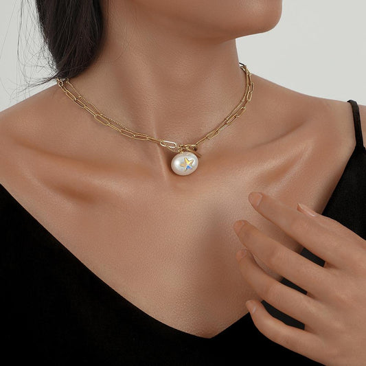 Stainless Steel Round Pearl Star Necklace Trendy Temperament Elegant Cute Titanium Steel Clavicle Necklace