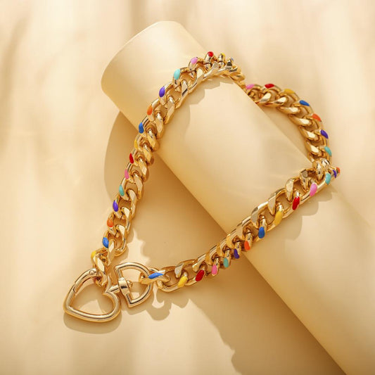 Retro Rainbow Drip Oil Chain Love Lock Short Necklace Personality Creative Temperament Clavicle Chain Female
