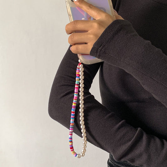 Jewelry simple imitation pearl soft pottery color mobile phone chain femininity color matching beaded mobile phone pendant