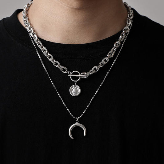 Simple Hip Hop Stainless Steel Double Coin Star Moon Chain Trendy Punk Exaggerated Design Men's Necklace