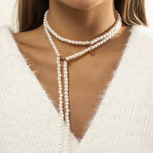 Jewelry Temperament Cold Pearl Tassel Necklace Retro Personality Geometric Beaded Clavicle Necklace