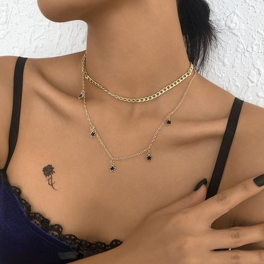 N9267 Double Pentagram Necklace Geometric Drip Oil Elegant Necklace Metal Texture Fashion Clavicle Chain Women