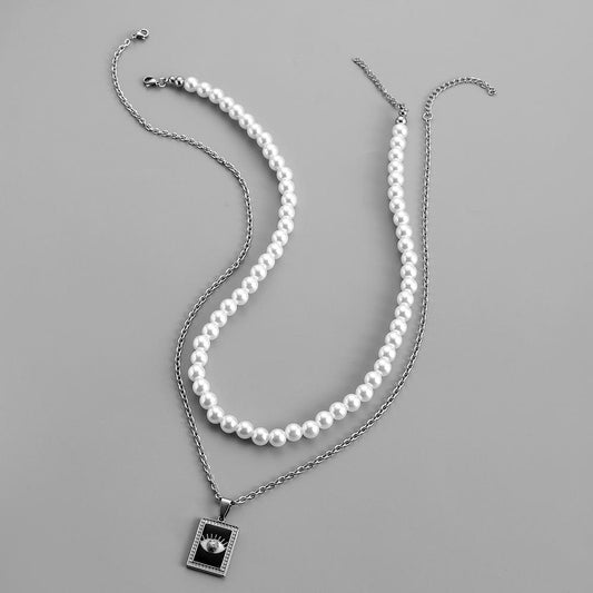 Fashion Simple Personality Versatile Trend Stainless Steel Square Brand Eye Oil Drip Pearl Necklace Men