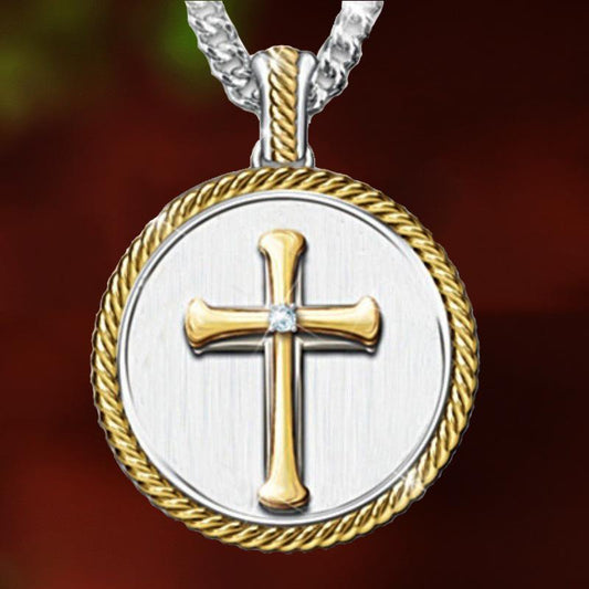 Cross Pendant Necklace Religious Belief Round Tag Necklace Men's Fashion Personality Jewelry Gift