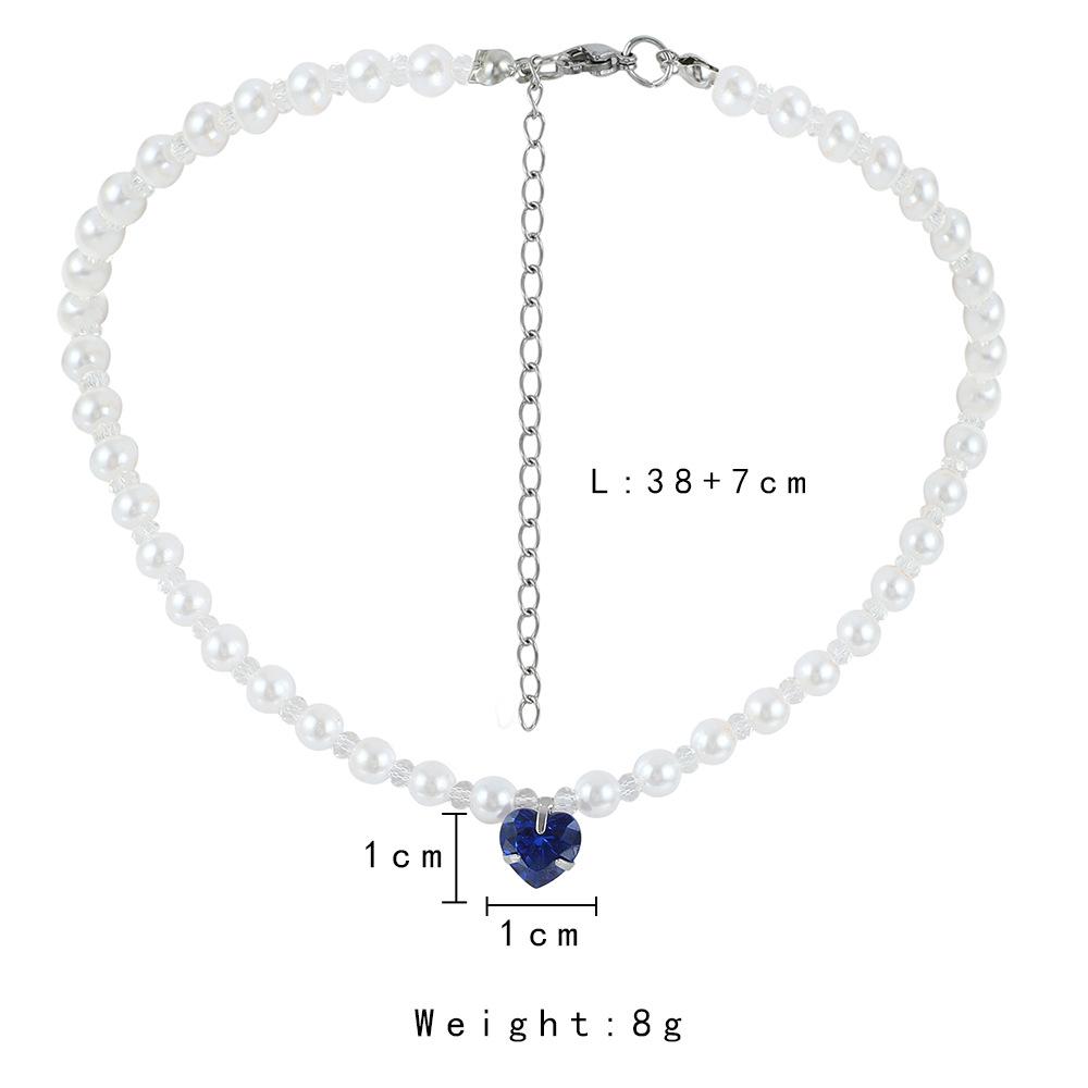 Simple Fashion Blue Love Pearl Crystal Short Clavicle Chain Necklace Versatile Temperament Personality Female Jewelry