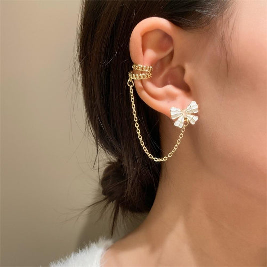 ins zircon bow ear bone clip fashion light luxury chain tassel ear clip no ear hole net red earrings trend
