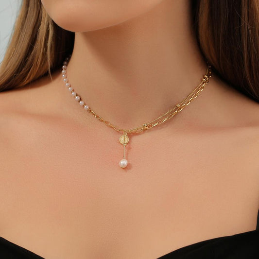 Retro Chain Pearl Pendant Necklace Fashion Temperament Trend Double Stacked Portrait Stitching Necklace