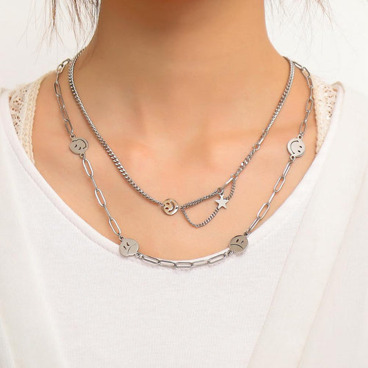 Ins item jewelry retro cold five-pointed star smiley stainless steel fashion multi-layer necklace