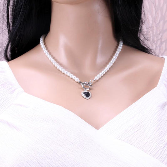 Love black agate OT buckle cold pearl stainless steel necklace light luxury design net red collarbone chain female