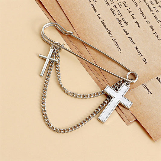 Jewelry ins white mother-of-pearl cross pendant tassel brooch female Xiaoxiang high-quality pin accessories