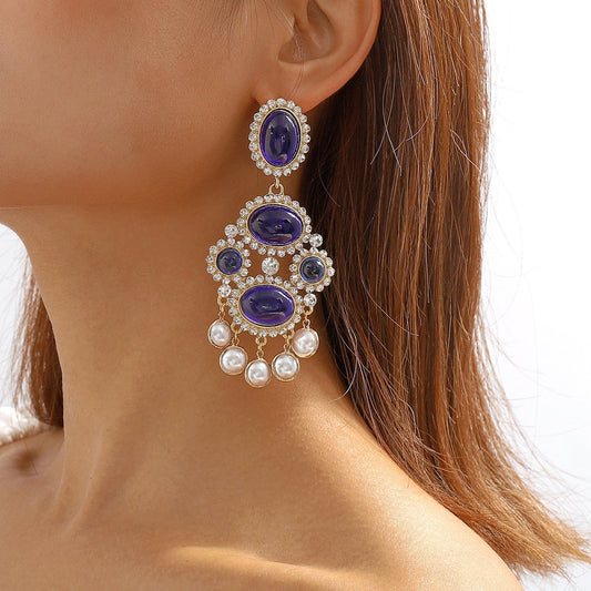 E1116 Niche Gemstone Pearl Tassel Earrings Literary Retro Vintage Court Elegant Earrings