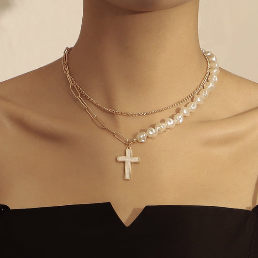 Jewelry fashion trendy double-layer splicing chain imitation pearl cross white mother-of-pearl pendant necklace female