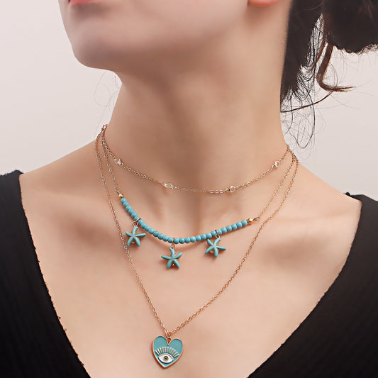 Beach Trend Devil's Eye Necklace Women's Multilayer Necklace Metal Starfish Ocean Jewelry