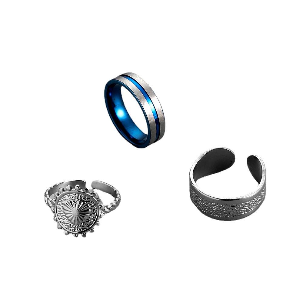 Punk hip-hop men's stainless steel stripe sun texture round suit ring titanium steel ring open ring