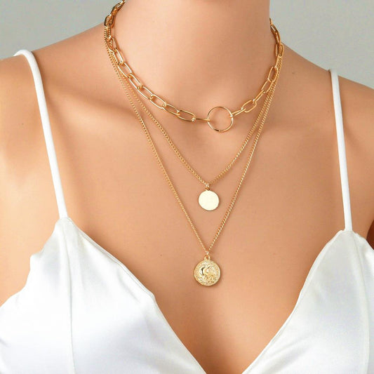 Simple multi-layer round iron sheet alloy pendant necklace fashion square line chain necklace collarbone chain