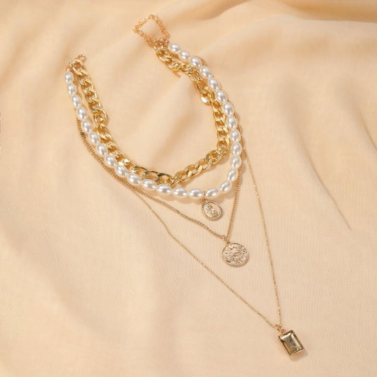 Vintage Coin Gem Necklace Baroque Multilayer Pearl Necklace Personality Long Sweater Chain