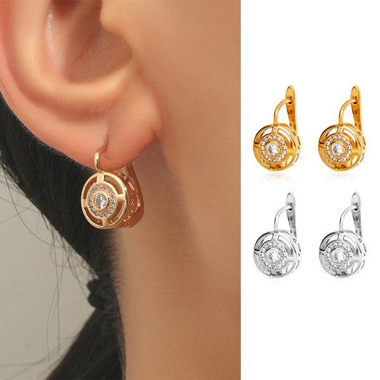 Retro round earrings copper inlaid zircon creative hollow earrings ins temperament French earrings jewelry female