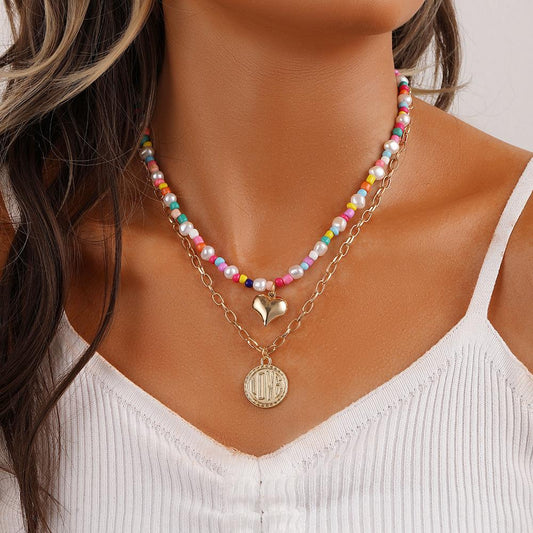 Indifferent double-layer love LOVE coin color rice bead necklace light luxury high-end design fashion ladies chain
