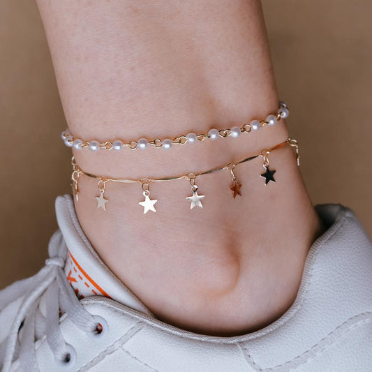 Sweet and simple looper pearl metal pentagram anklet long sequined double layer anklet
