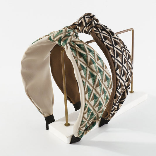F555 Simple niche fabric knotted wide-brimmed hair hoop diamond-shaped lattice small fresh color contrast retro temperament head hoop