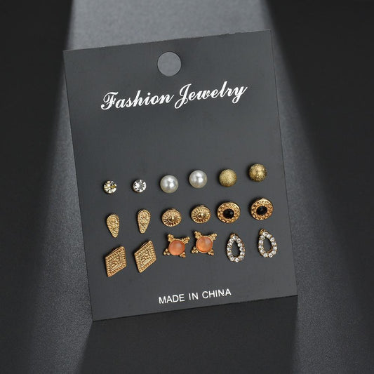 Earrings Popular Rhinestone Pearl Geometric Style 9 Pairs Stud Earring Set Combination