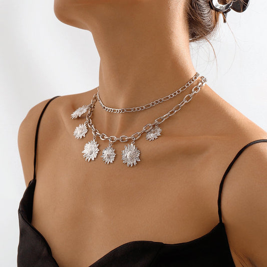 1814 Jewelry Personality Niche Stacked Necklace Sunflower Chain Creative Fashion Retro Necklace