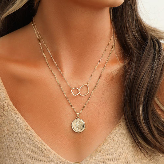 Trendy fashion simple ladies design double rose coin irregular circle necklace