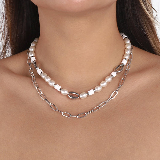 N1351 Elegant Retro Ethnic Necklace Pearl Shell Chain Multi-element Necklace Exaggerated Necklace