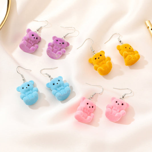 Cute flocking bear earrings cartoon girl earrings autumn and winter all-match net red plush small animal ear accessories