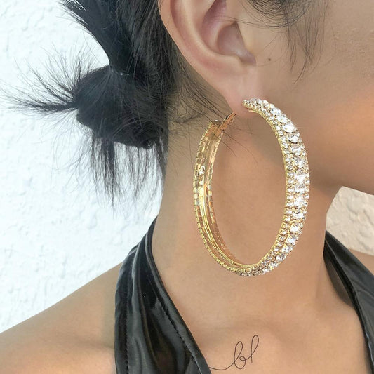 E9838 Simple big earring women full of diamonds light luxury geometric earrings exaggerated creative retro sense earrings