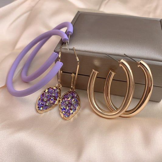 Winter Hepburn Temperament Alloy Earring Set Women's Versatile Gravel Big Earring Purple Cute Earrings