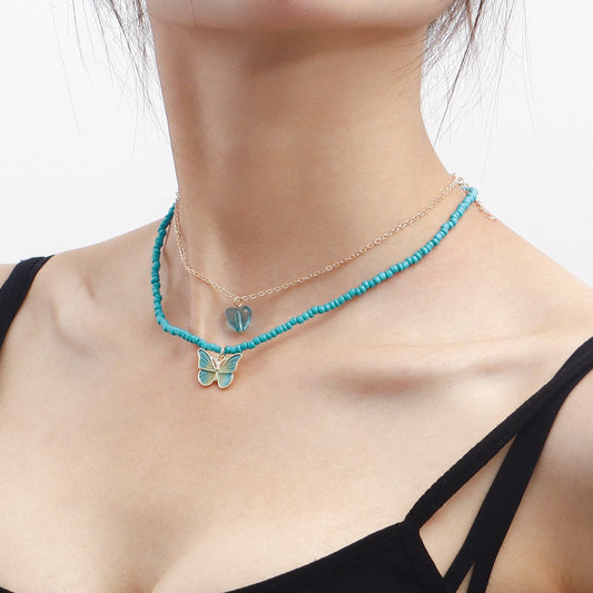 Jewelry Bohemian Green Rice Bead Stripe Butterfly Pendant Necklace Necklace Women Beaded Necklace