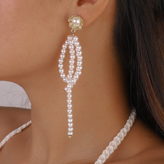 E1413 French Elegant Net Red Earrings Women's Imitation Pearl Long Temperament Light Luxury Fashion Trendy Earrings