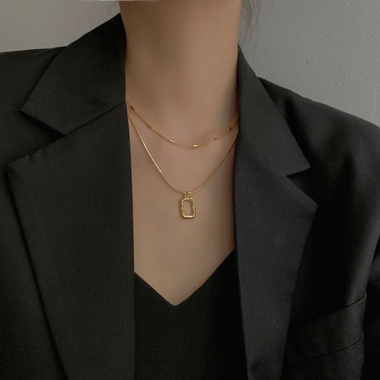 Simple double-layer necklace women's summer niche design feeling stacked and worn young trendy light luxury square pendant clavicle chain