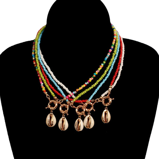 Jewelry hand-threaded color rope rice bead shell pendant necklace female fashion rudder necklace